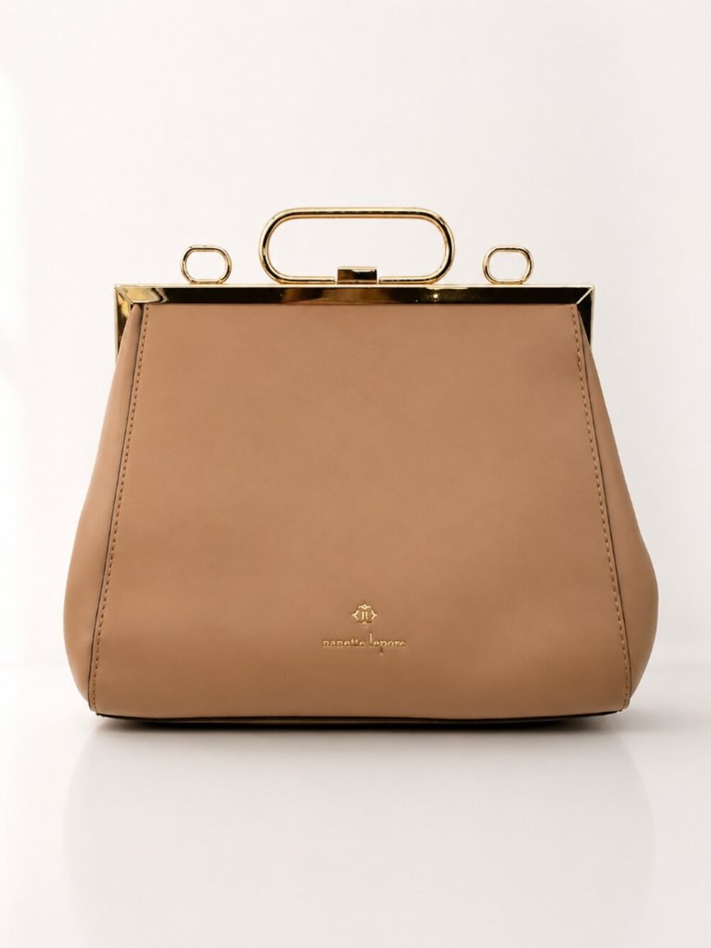 Nanette Lepore Nude Tan Frame Kiss Lock Top Handle Bag Gold Hardware
